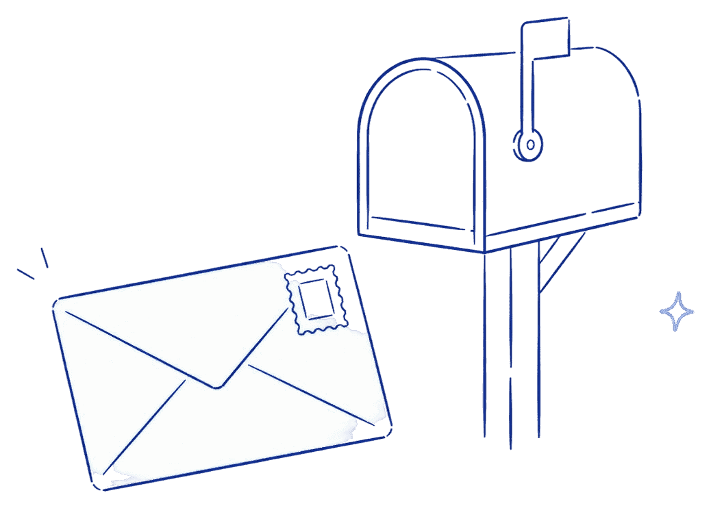 Envelope with a stamp and a mailbox